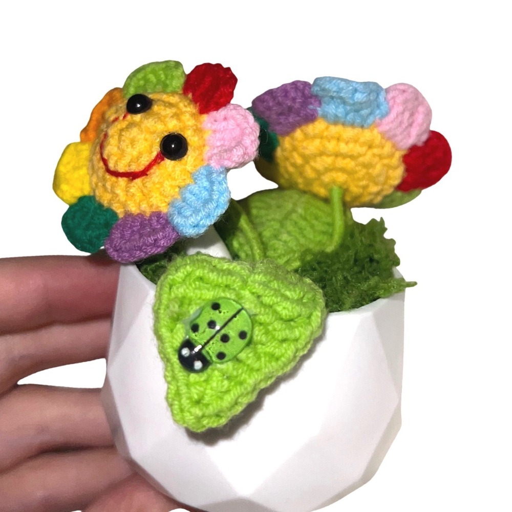 Crochet Flower Pot Amigurumi Smiling Flowers Desk Decor Handmade Gift Cute Plant - Picture 5 of 8